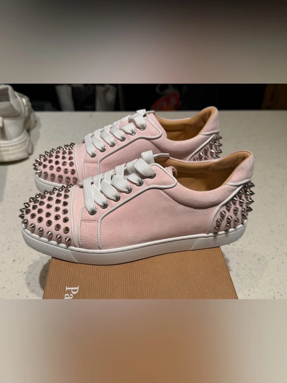 Christian Louboutin pink Suede Studded Lace-Up Sneakers - Picture 3 of 10